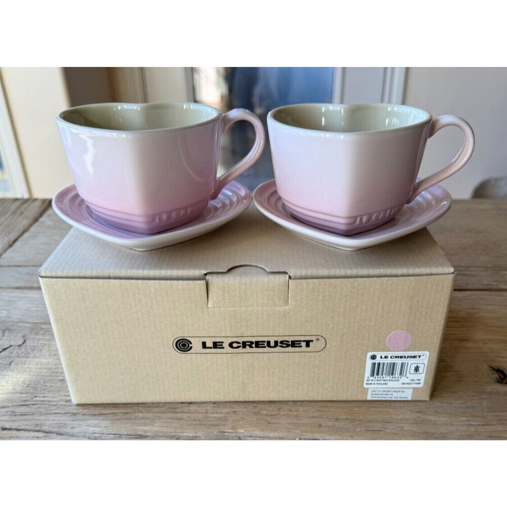 Le Creuset Stoneware Set of 2 Heart Shaped Mugs with Saucers Shell Pink NEW